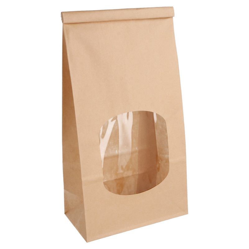 Papirnata vrečka z okencem in samolepilnim zapiranjem – KRAFT, 1800 g, 12 + 6,5 × 24,6 cm, 60 g/m² (500 kos)