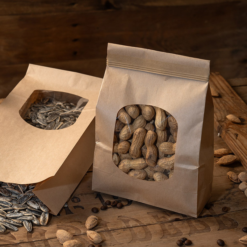 Papirnata vrečka z okencem in samolepilnim zapiranjem – KRAFT, 1800 g, 12 + 6,5 × 24,6 cm, 60 g/m² (500 kos)